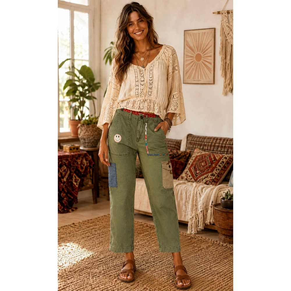 ROY ROGERS Green Cargo Pants Pockets Patches Retro Cropped Roy Roger's Size 31